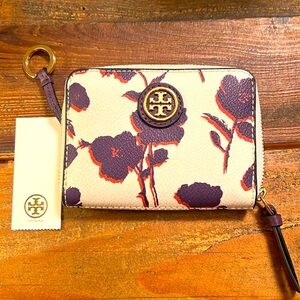 TORY BURCH Kerrington zip coin & card case w/ keychain - floral posies print